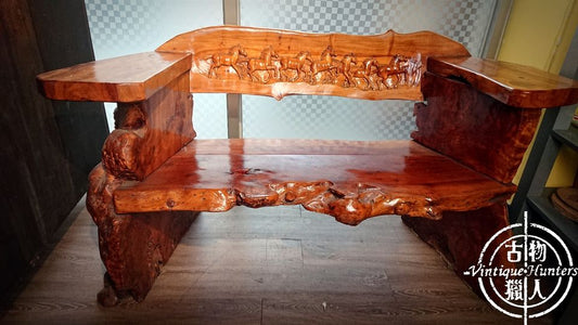 美國印地安人手工雕刻 實心松瘤木雙人椅